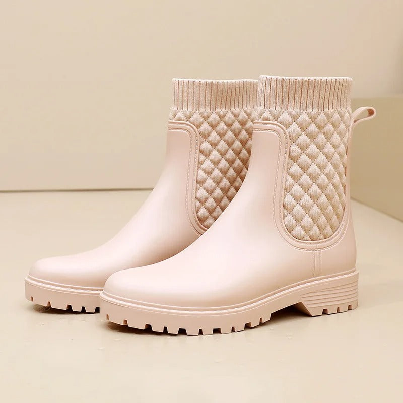 Beige Chelsea Boots aus Gummi mit gestepptem Muster, Damenmode, wasserdicht.