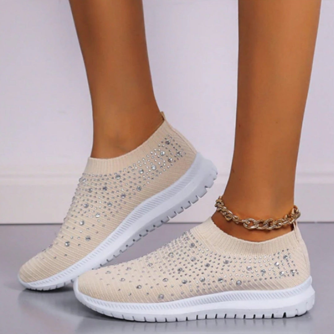Beige Damen Sneaker mit Strass, rutschfeste Sohle, modisch, bequem, für Alltag und Sport.