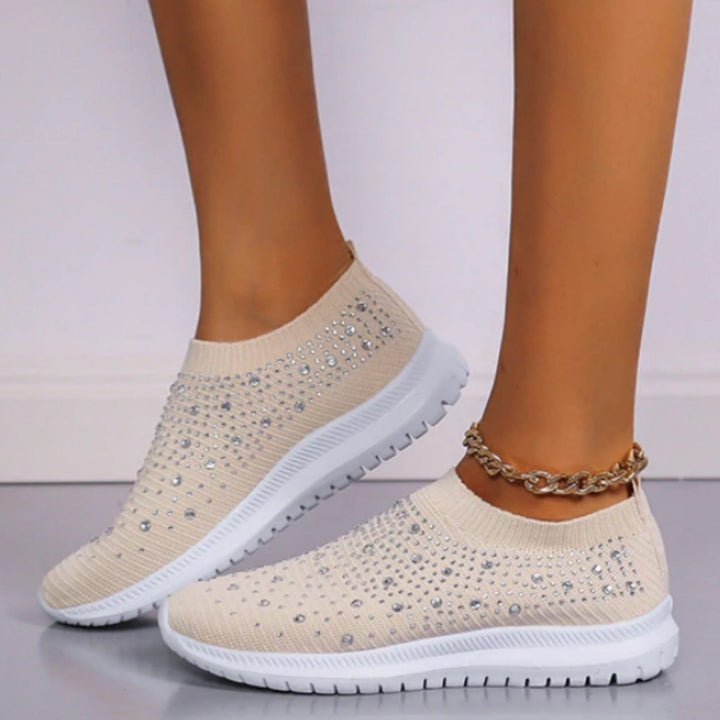 Beige Damen Sneaker mit Strass, rutschfeste Sohle, modisch, bequem, für Alltag und Sport.