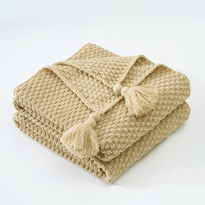 Beige Strickdecke mit Quasten, Baumwolle, gemütlich, dekorativ, Wohnzimmer, Sofaüberwurf
