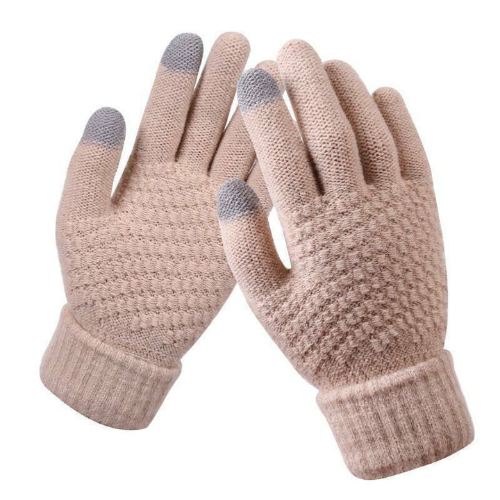 Beige Strickhandschuhe mit grauen Touchscreen-Fingerspitzen, warm und stilvoll für den Winter.
