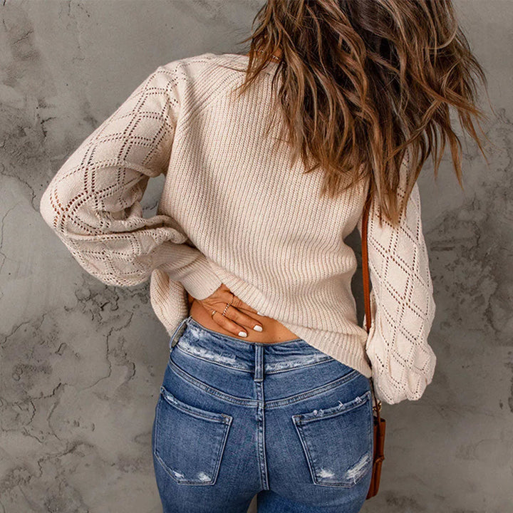 Damen Strickcardigan beige, Diamantmuster, Baumwolle, lässig, modisch, Herbstmode, Rückansicht.