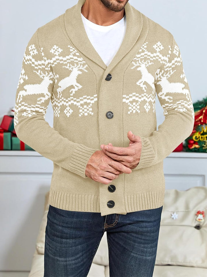 Beige Strickjacke mit Rentiermuster, Knöpfen, Schalkragen, Herrenmode, Winterkleidung.