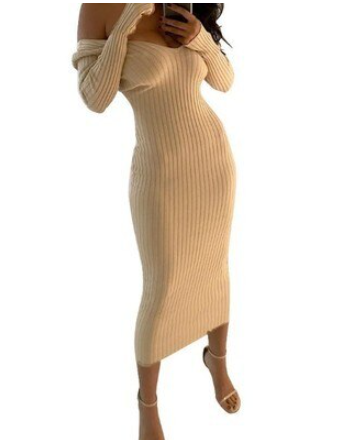 Damen Strickkleid beige, schulterfrei, figurbetont, langärmelig, modisch, elegant, Herbstmode.