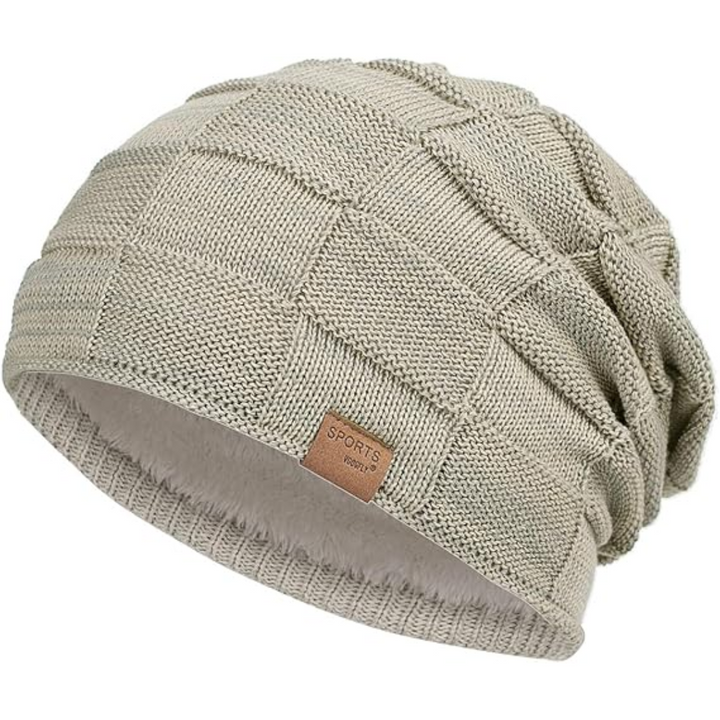 Beige Strickmütze für Herren, Winter, warm, weiches Futter, modisches Design, Freizeitkleidung.