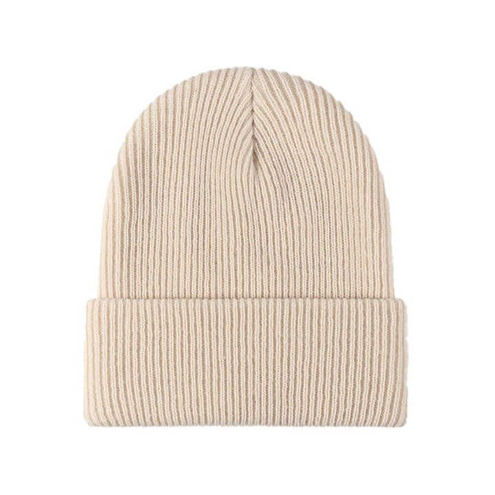 Beige Strickmütze aus Wolle, unisex, warm, modisch, ideal für Herbst und Winter.