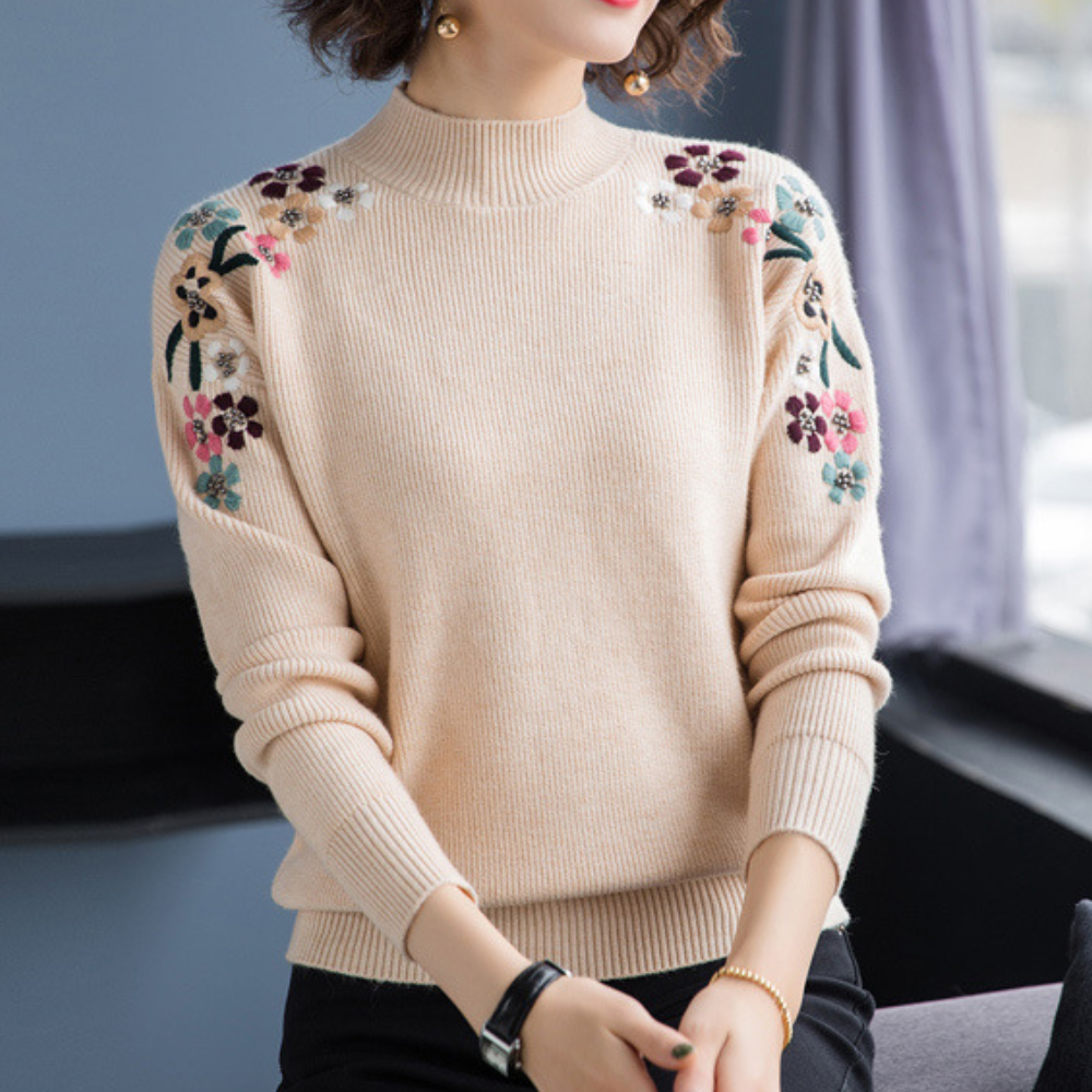 Damenpullover beige mit Blumenstickerei, Langarm, Strick, modisch, elegant, Herbstmode.