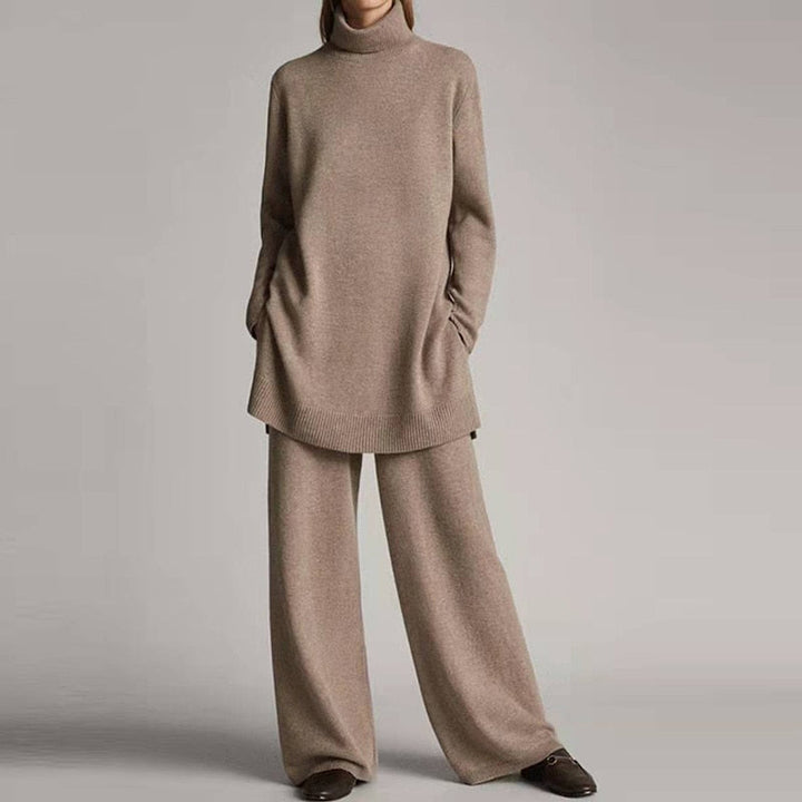 Damen Strickset Beige, Oversize Pullover und Hose, Herbstmode, gemütlich, elegant