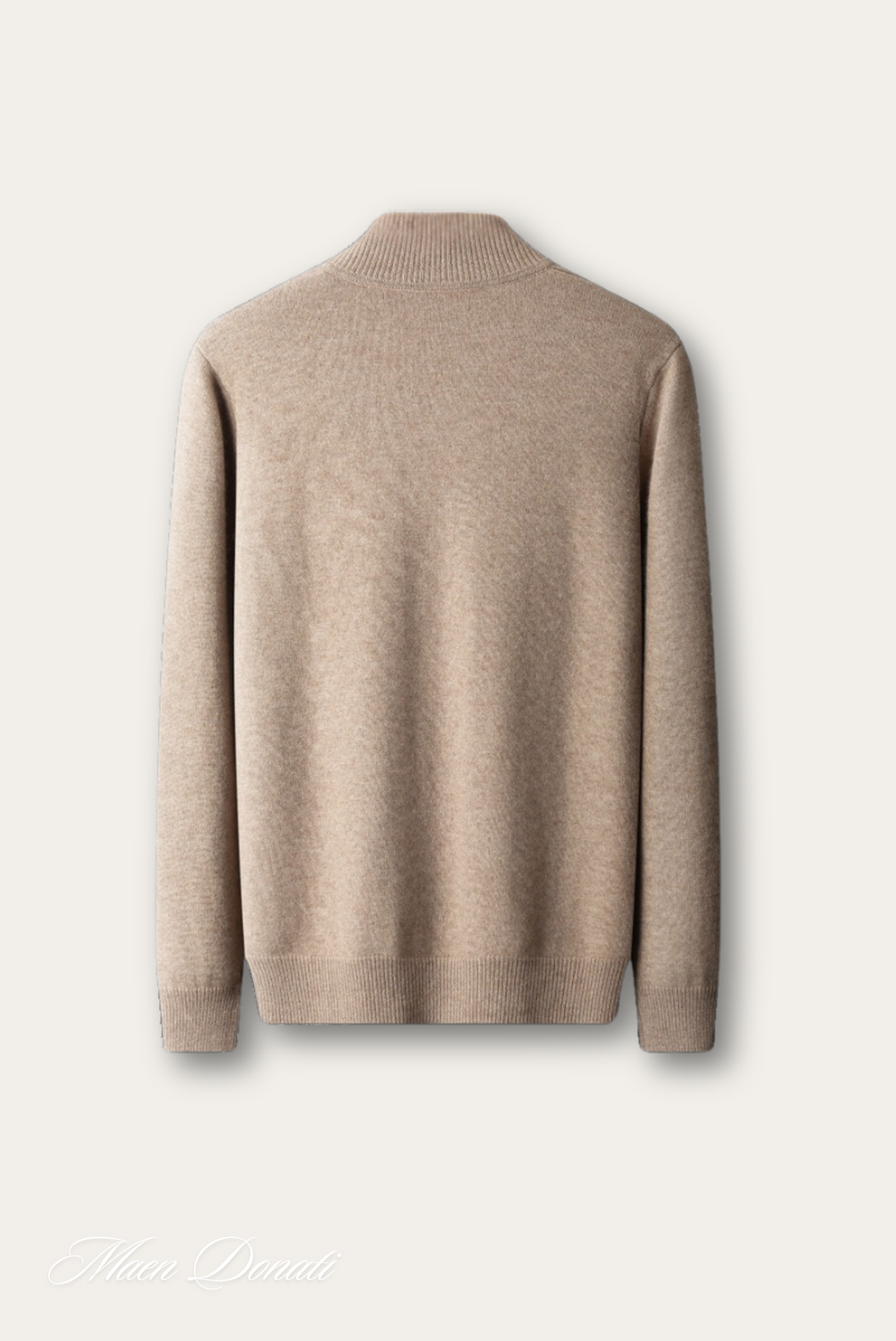 Beiger Kaschmirpullover für Herren, Rückansicht, weiches Material, elegantes Design.