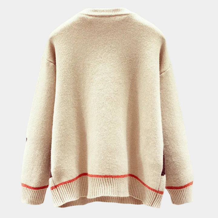 Beiger Strickpullover Rückansicht, Baumwolle, rote Akzente, lässiger Stil, Unisex-Mode.