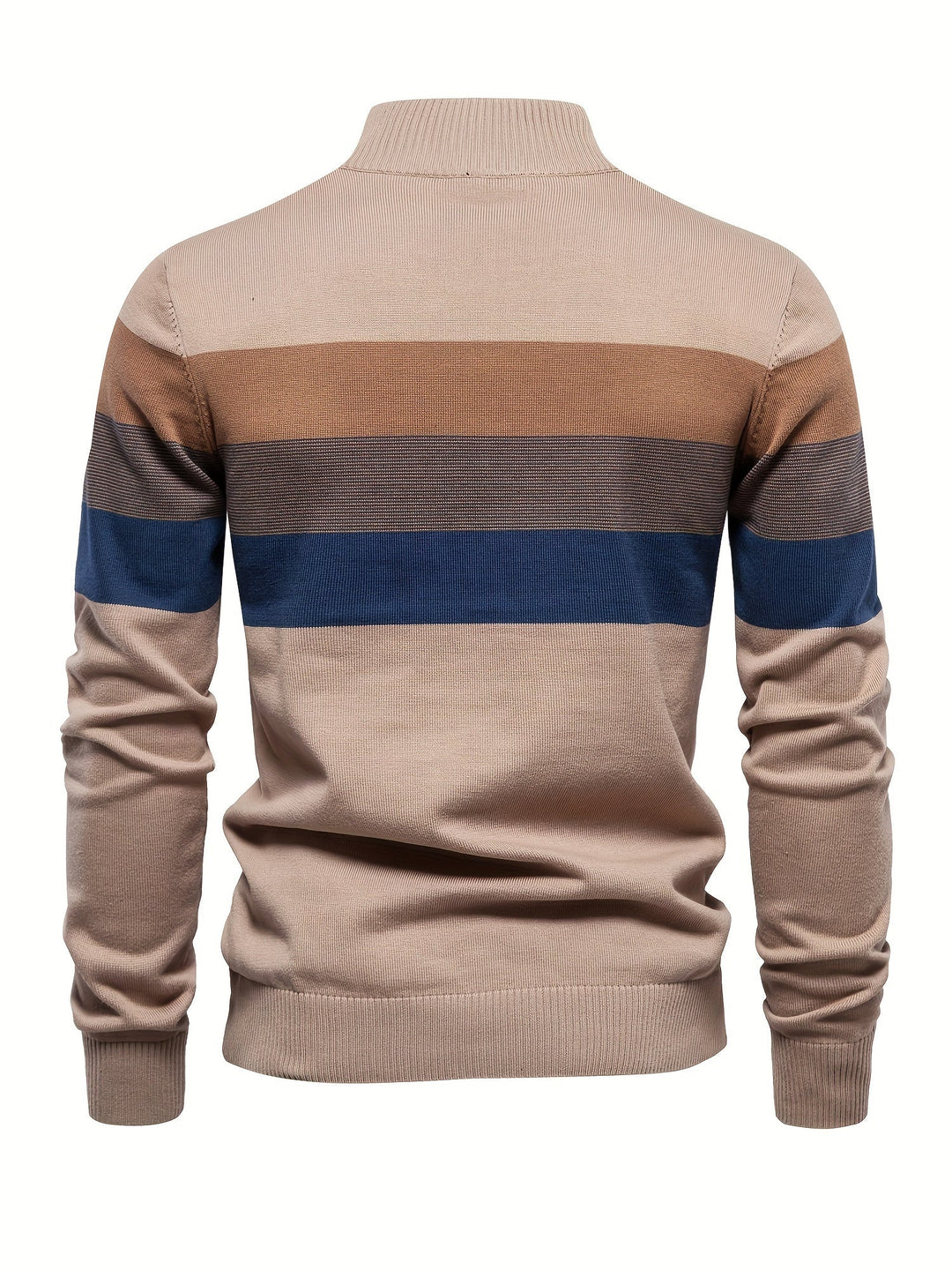 Beiger Herrenpullover mit Streifenmuster, Langarm, Baumwolle, modisch, bequem.
