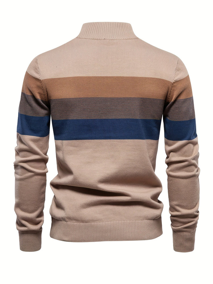 Beiger Herrenpullover mit Streifenmuster, Langarm, Baumwolle, modisch, bequem.