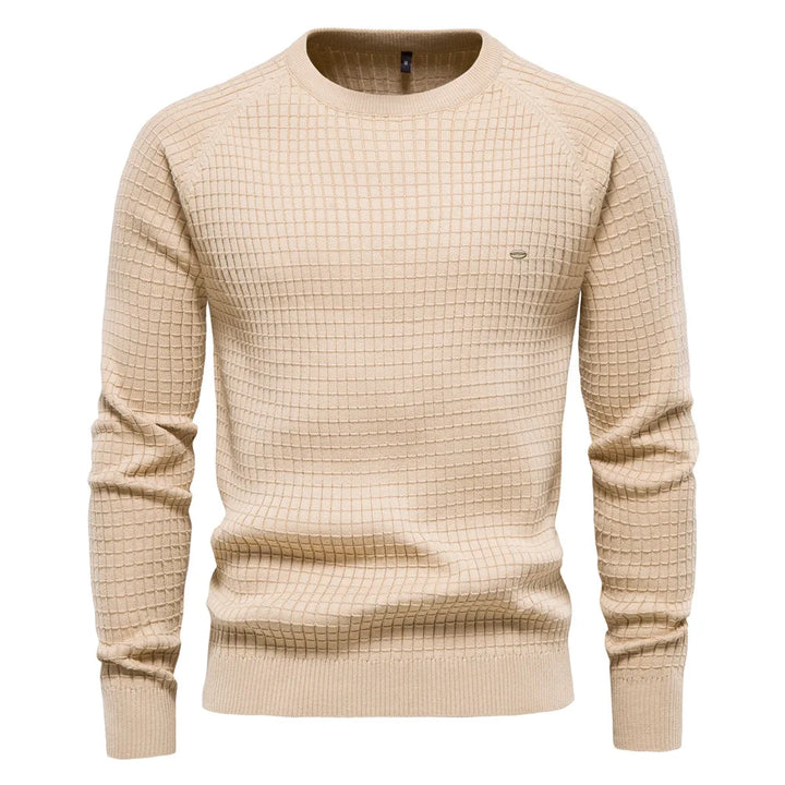 Beiger Herrenpullover, Strickmuster, Rundhalsausschnitt, modisch, bequem, Baumwolle.