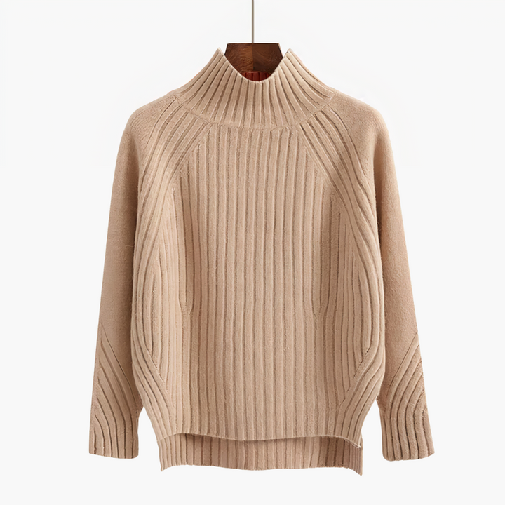 Beiger Strickpullover mit Rollkragen, geripptes Design, Damenmode, Herbst-Winter-Kleidung.