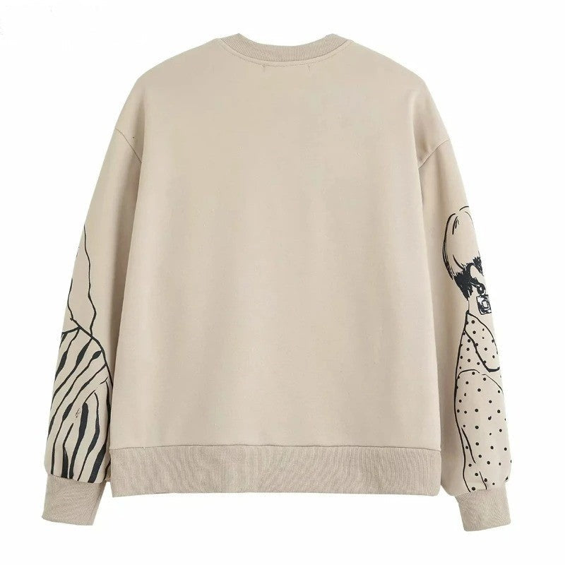 Beige Sweatshirt mit grafischem Ärmel-Design, Unisex, Baumwolle, lässiger Stil.