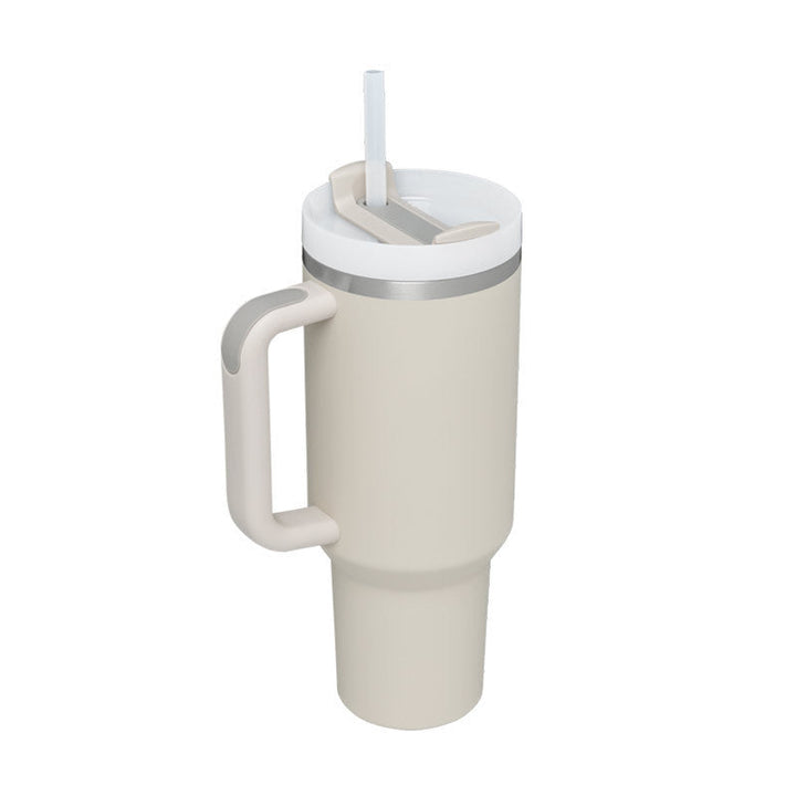 Beiger Thermobecher mit Henkel und Strohhalm, doppelwandig, auslaufsicher, 1 Liter.