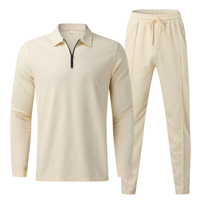 Beiges Herren-Trainingsanzug-Set, Langarmshirt mit Reißverschluss, Jogginghose, Sportbekleidung.