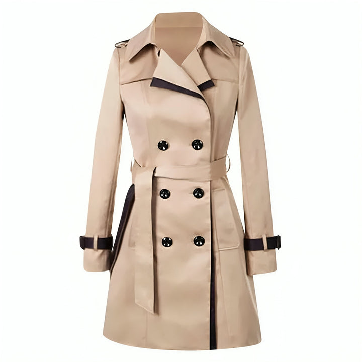Beiger Damen-Trenchcoat, zweireihig, Gürtel, klassischer Stil, Herbstmode, Zara.
