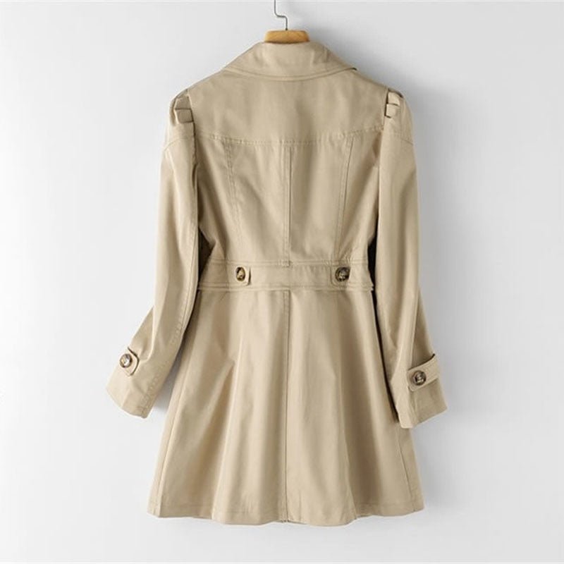 Beige Damenjacke, Trenchcoat-Stil, Baumwolle, modisch, vielseitig, elegantes Design.