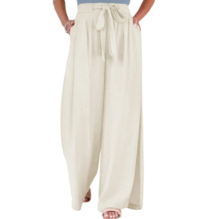 Damen weite Leinenhose beige, hoher Bund, Kordelzug, Sommermode, lässig, bequem.