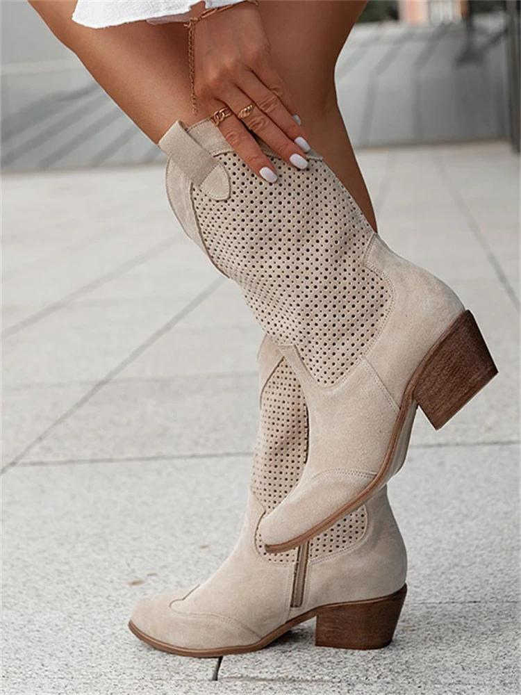 Damen Cowboy Stiefel beige Wildleder atmungsaktiv mit Absatz, modisch und bequem.