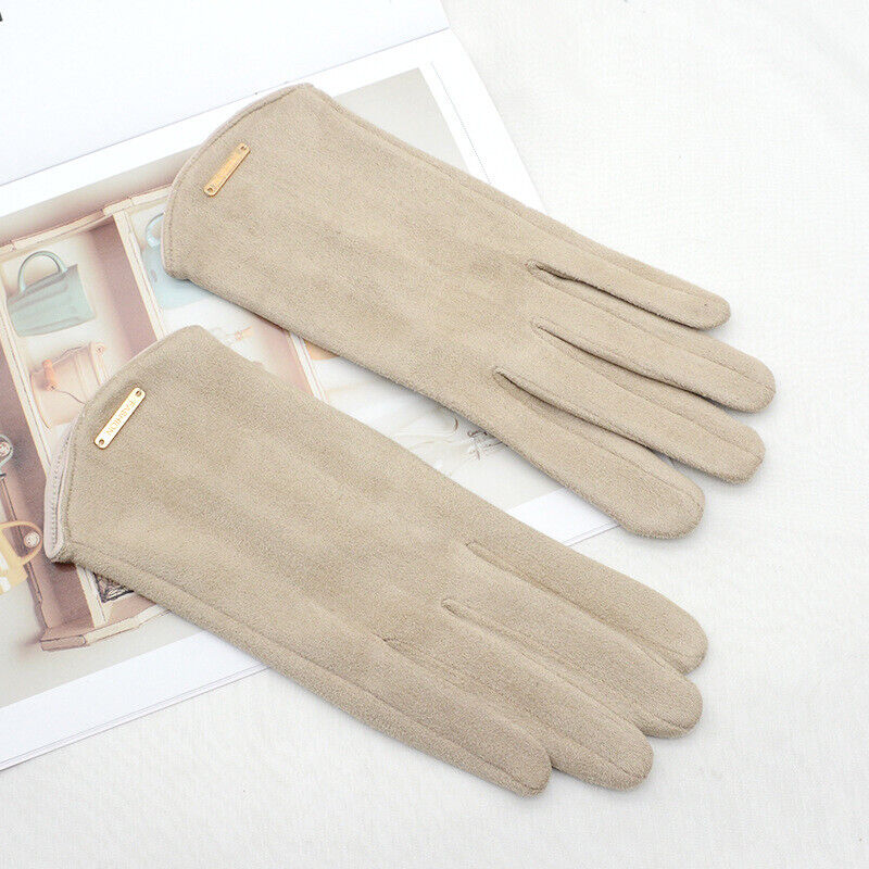 Beige Damenhandschuhe aus Wildleder, elegant, warm, modisch, ideal für Herbst und Winter.