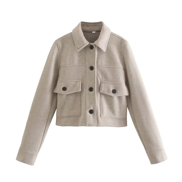 Beige Damenjacke aus Wolle, Knopfleiste, Taschen, Herbstmode, stilvoll und warm.