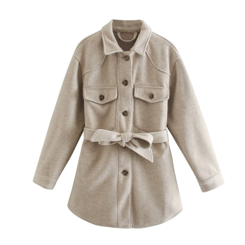 Beige Damen Wolljacke mit Gürtel und Knöpfen, Frühlingsmode, elegant und stilvoll.