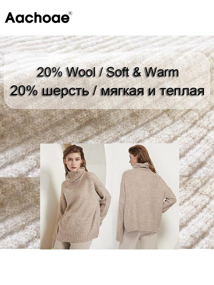 Beiger Damenpullover aus 20% Wolle, weich und warm, Rollkragen, modisch und bequem.