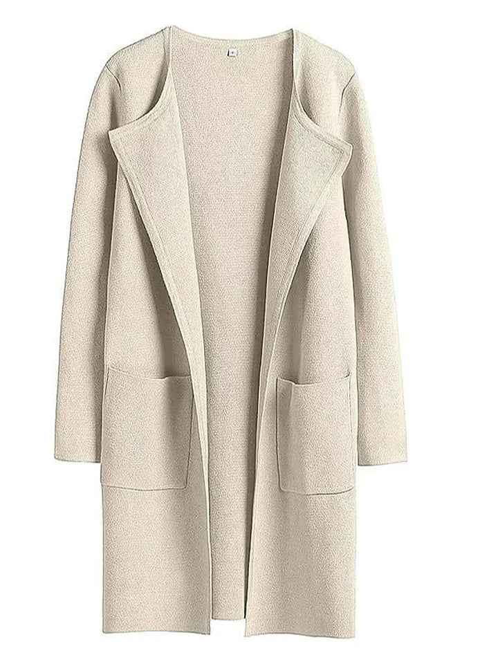 Beiger Damen-Cardigan aus Wolle, offenes Design, lange Ärmel, zwei Taschen, eleganter Stil.