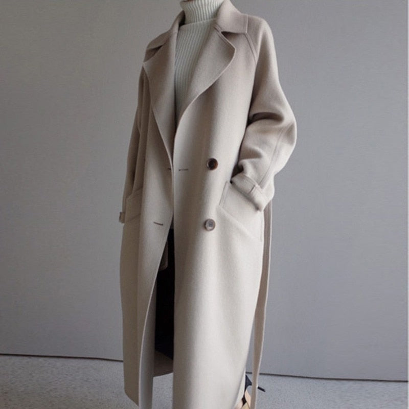Beiger Wollmantel Damen, langer Trenchcoat, eleganter Herbst-Wintermantel, Modebekleidung