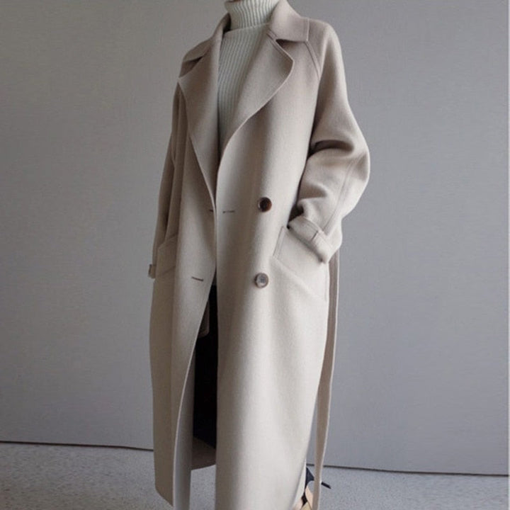 Beiger Wollmantel Damen, langer Trenchcoat, eleganter Herbst-Wintermantel, Modebekleidung