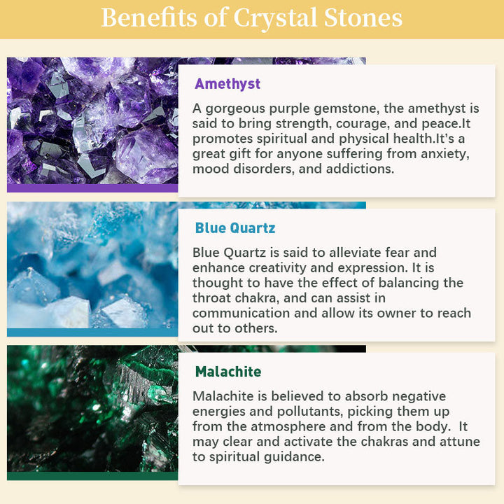 Amethyst, blauer Quarz, Malachit: Kristallsteine für Heilung, Spiritualität, Energie.