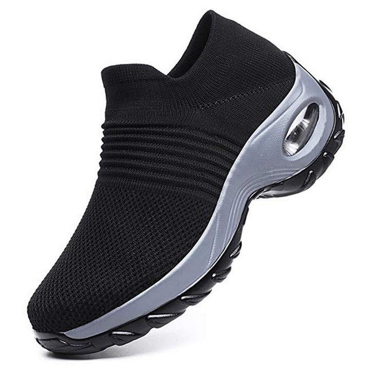 Schwarzer Damen-Walkingschuh, atmungsaktiv, rutschfest, bequem, mit elastischem Strickmaterial.