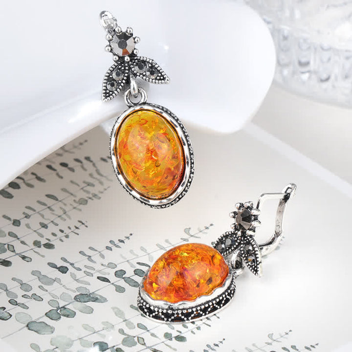 Silberne Ohrringe mit Bernstein, oval, Vintage-Stil, Damen-Schmuck, elegantes Design.