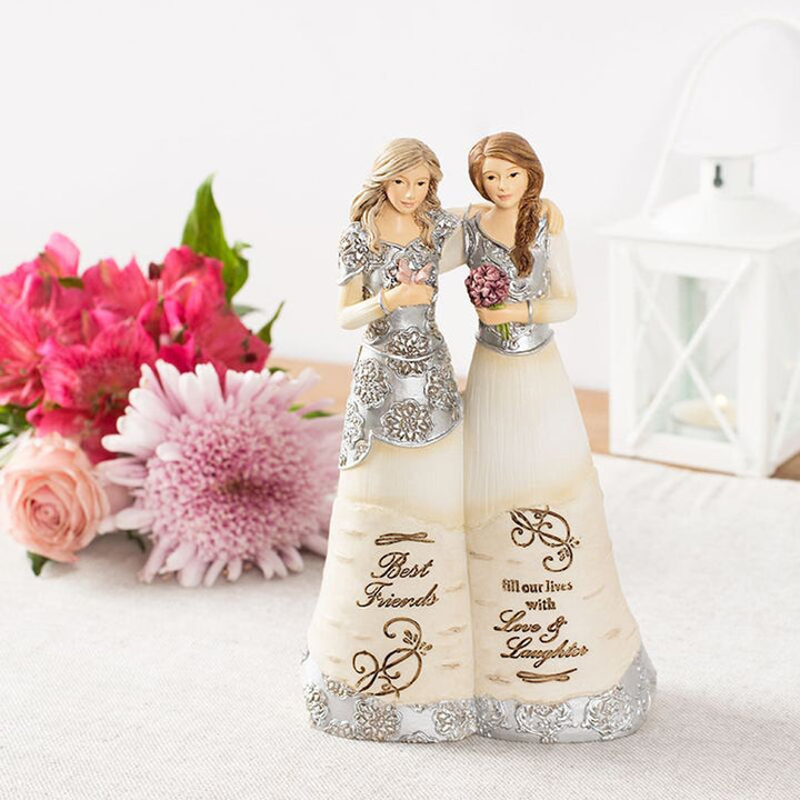 Porzellanfigur beste Freundinnen, Blumen, Laterne, dekorativ, Geschenkidee, Freundschaft, beige.
