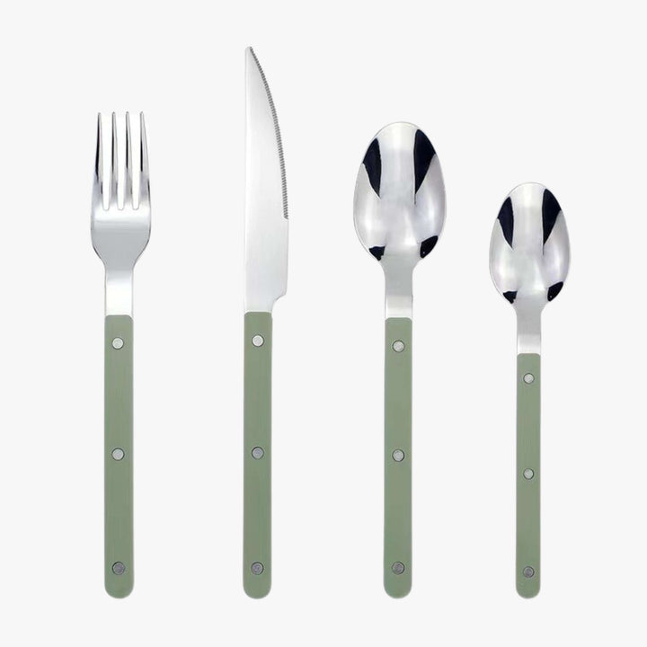 Besteckset mit grünem Griff, Edelstahl, modern, Messer, Gabel, Löffel, Essbesteck, stilvoll.