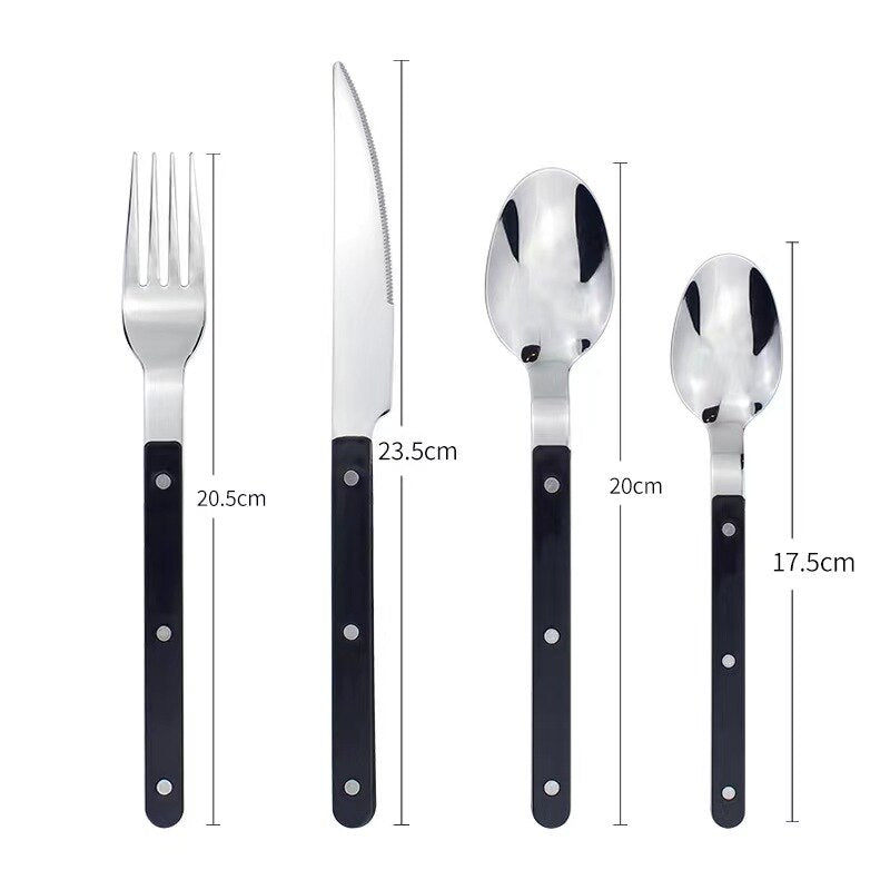 Besteckset aus Edelstahl mit schwarzem Griff, bestehend aus Gabel, Messer, Löffel, Teelöffel.
