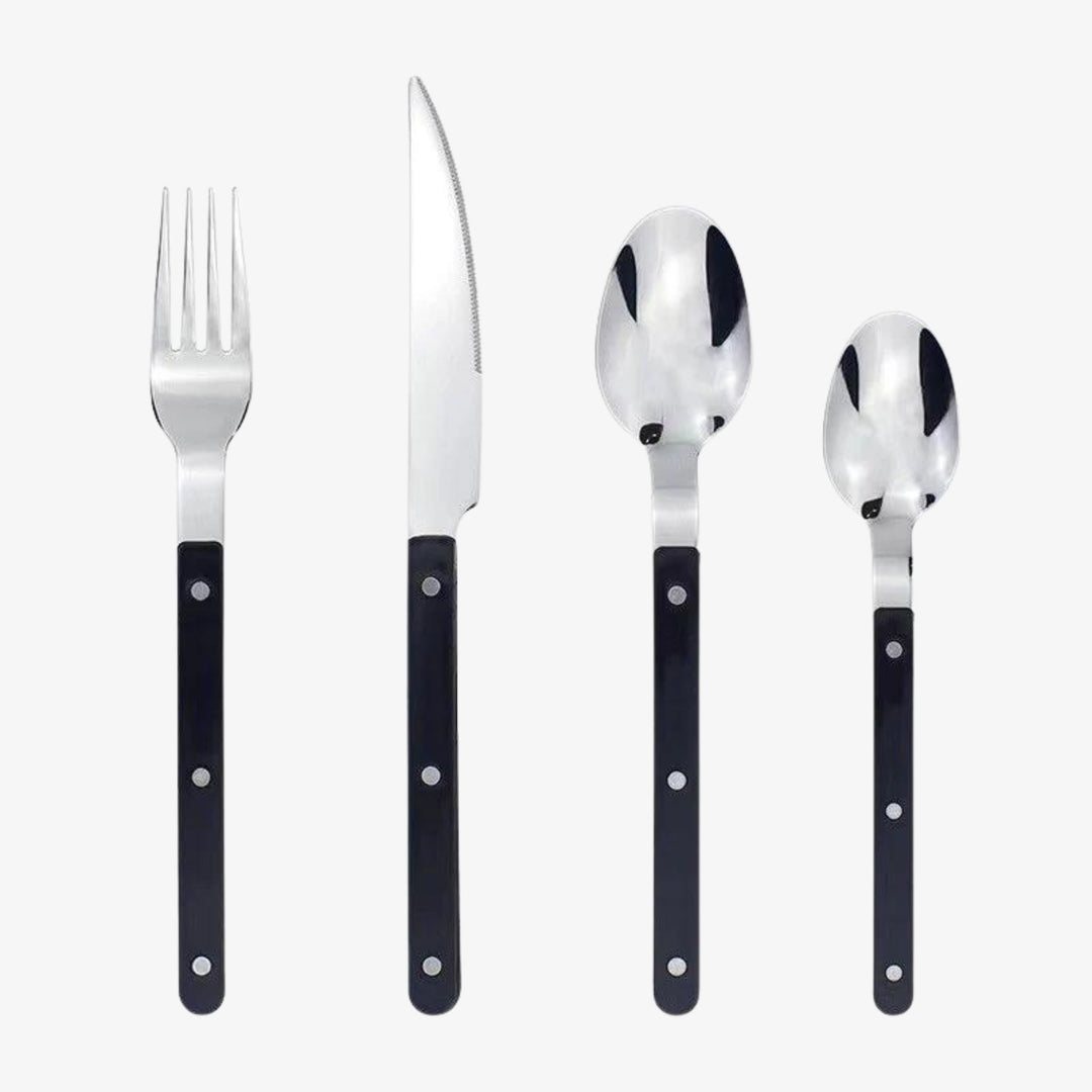 Besteckset aus Edelstahl mit schwarzem Griff, bestehend aus Gabel, Messer, Löffel, Teelöffel.