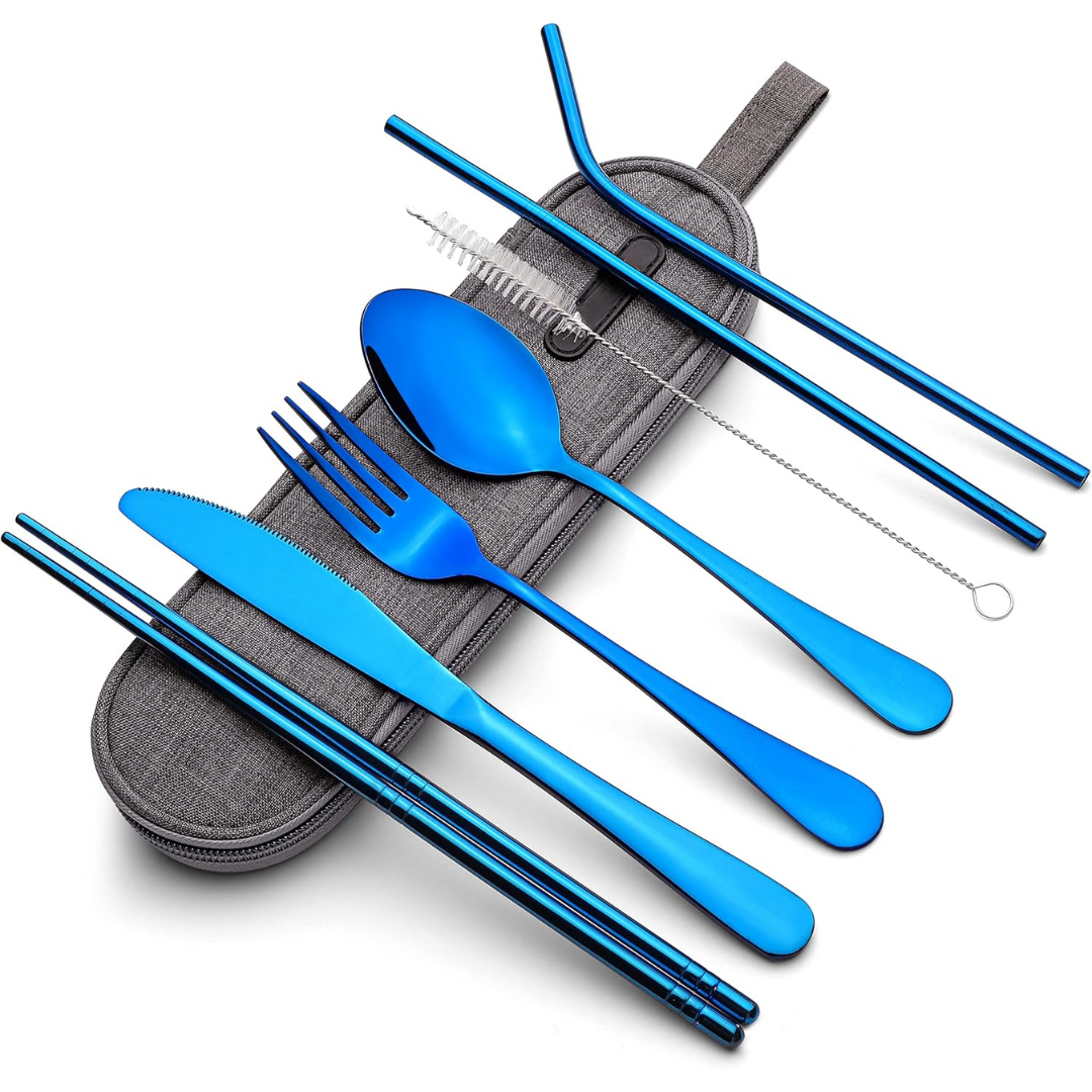 Blaues Edelstahl-Besteckset mit Etui, inkl. Messer, Gabel, Löffel, Strohhalme, umweltfreundlich.