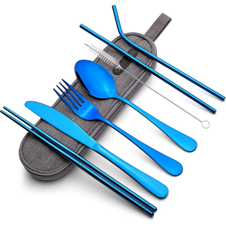 Blaues Edelstahl-Besteckset mit Etui, inkl. Messer, Gabel, Löffel, Strohhalme, umweltfreundlich.