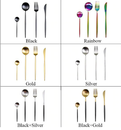 Besteckset in Schwarz, Regenbogen, Gold, Silber, Schwarz-Silber, Schwarz-Gold, Edelstahl.