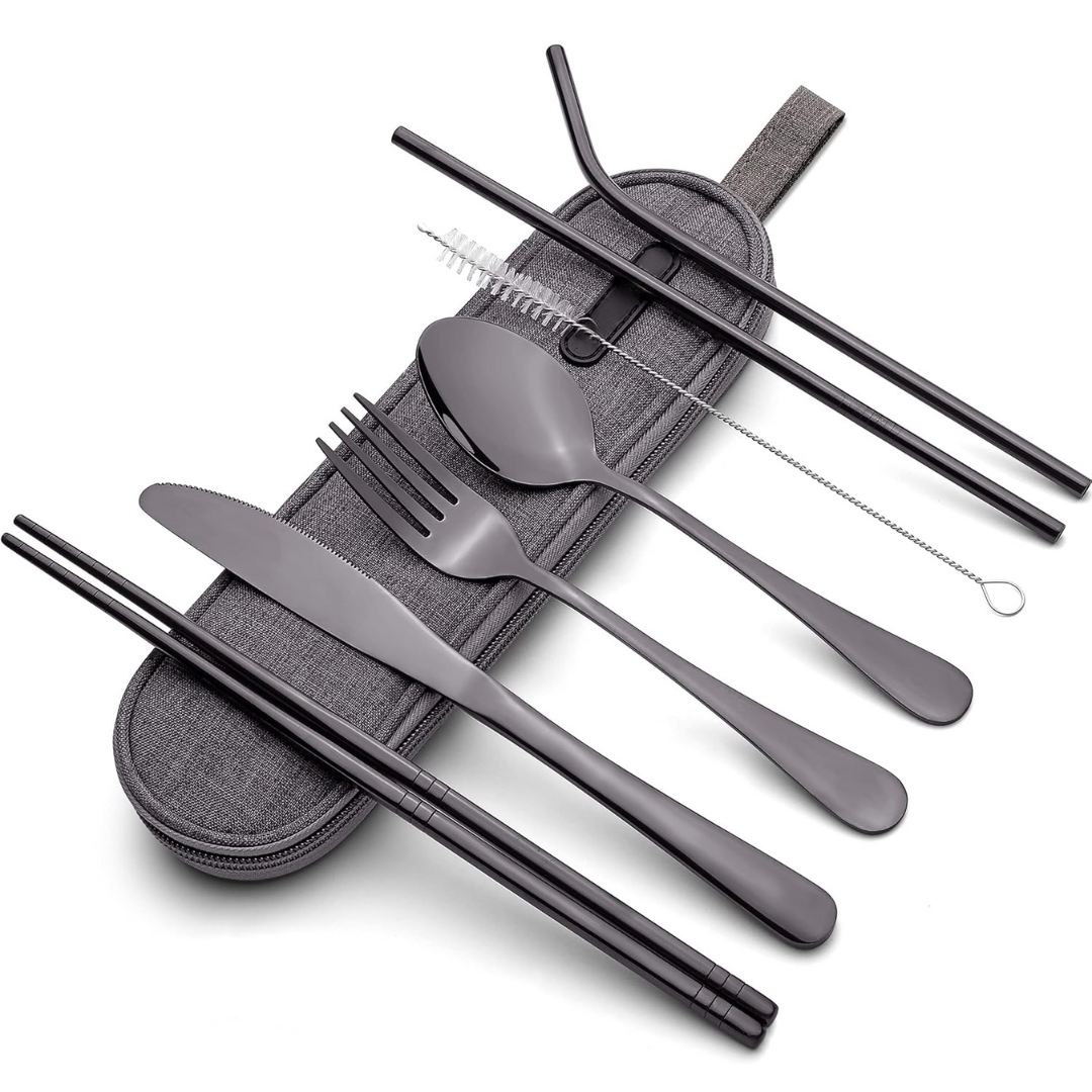 Besteckset aus Edelstahl mit Etui, inkl. Messer, Gabel, Löffel, Strohhalme, Reinigungsbürste.