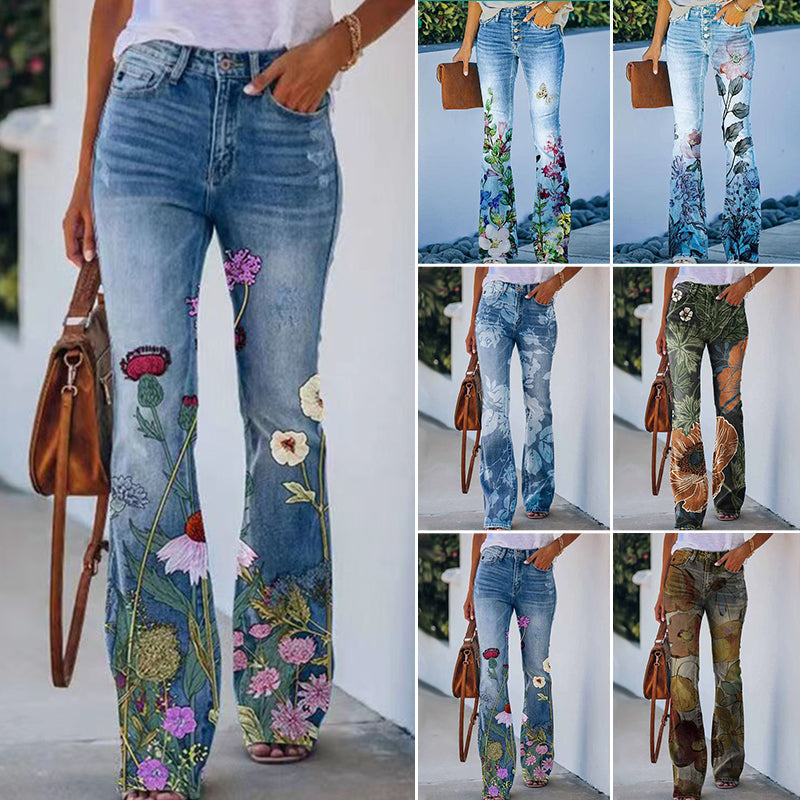 Damen-Jeans mit Blumenmuster, ausgestellter Schnitt, blaue Denim-Hose, modisch, lässig.