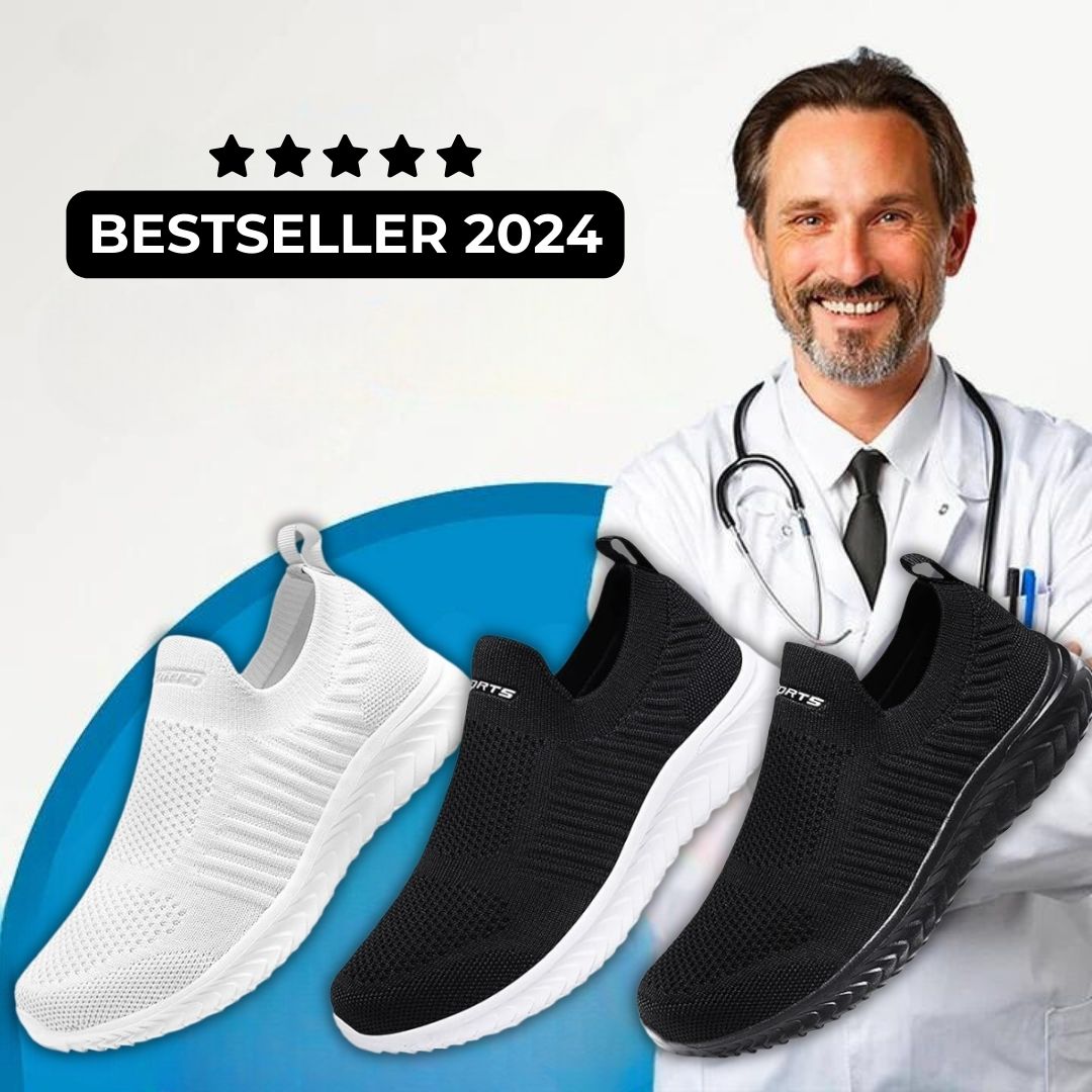 Weiße und schwarze Slip-On-Schuhe, Bestseller 2024, vor lächelndem Arzt.