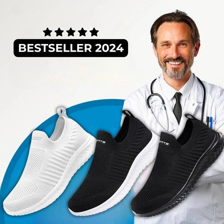 Weiße und schwarze Slip-On-Schuhe, Bestseller 2024, vor lächelndem Arzt.