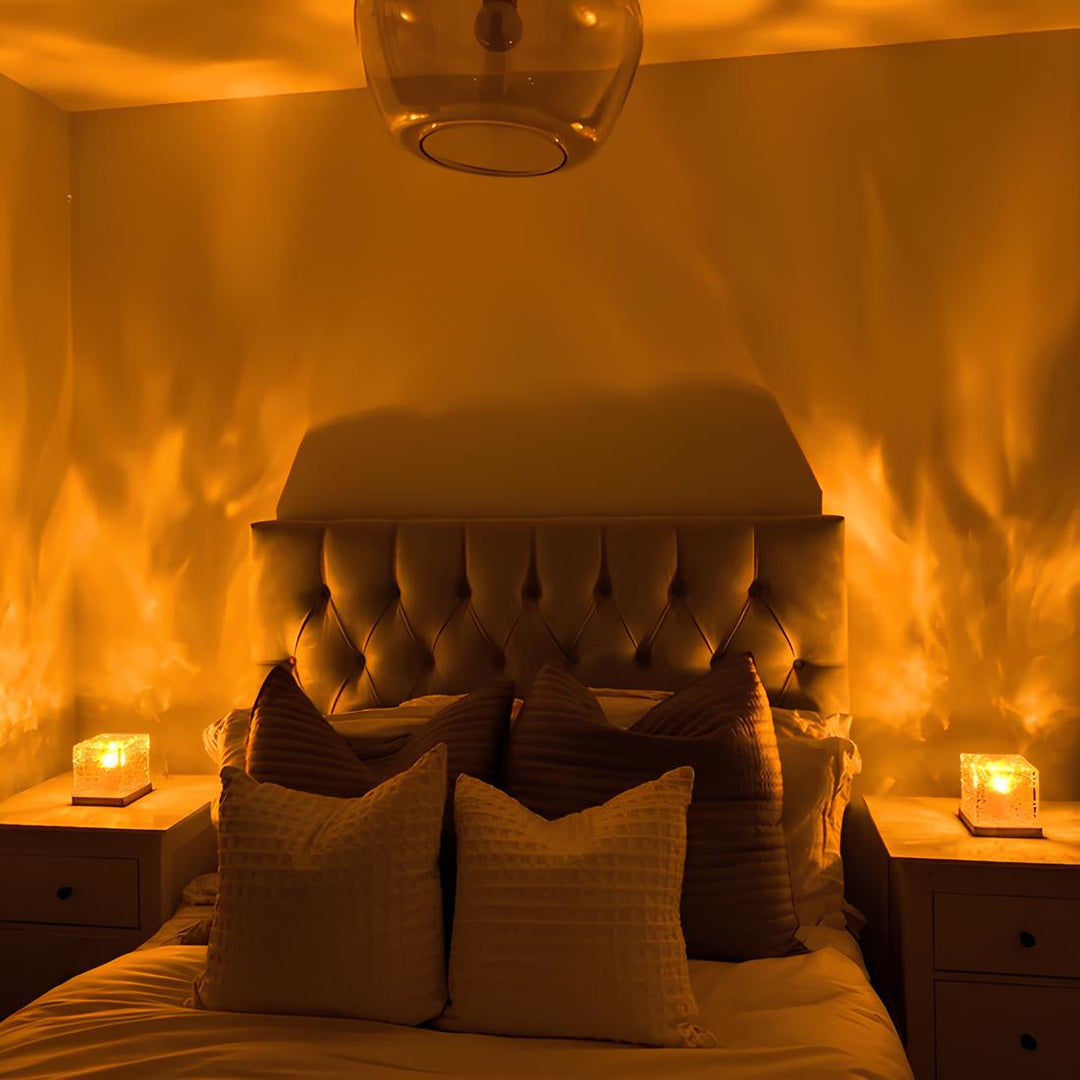 Gemütliches Schlafzimmer mit warmem Licht, gepolstertem Kopfteil und dekorativen Kissen.