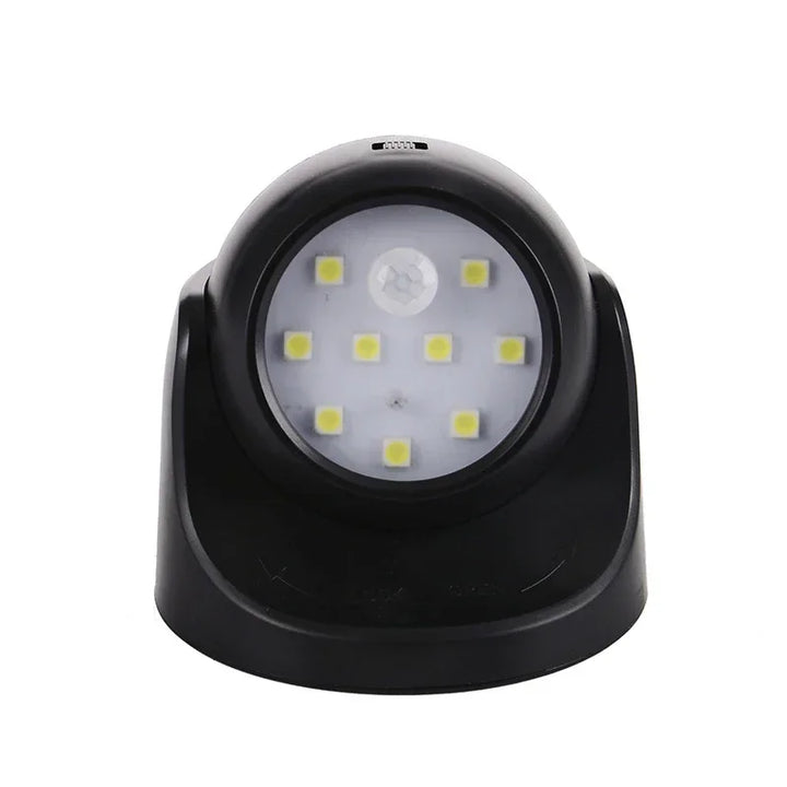Schwarze LED-Sicherheitsleuchte mit Bewegungssensor, batteriebetrieben, energiesparend.