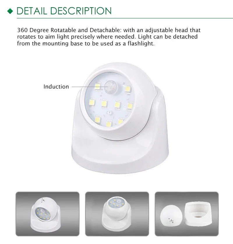 LED-Nachtlicht, batteriebetrieben, weiß, 360° drehbar, abnehmbar, für Innenräume.