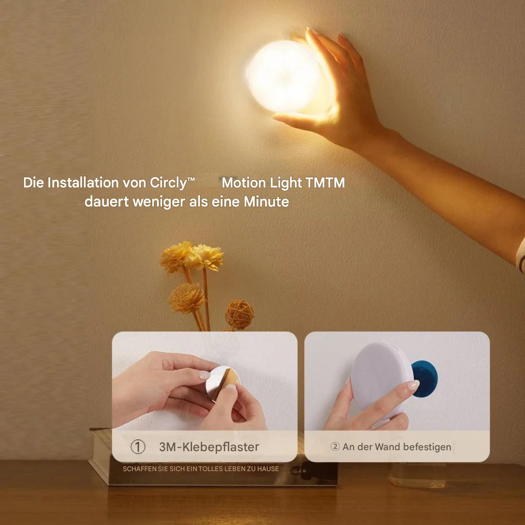 LED-Nachtlicht mit Bewegungssensor, batteriebetrieben, warmweiß, einfache Wandmontage.